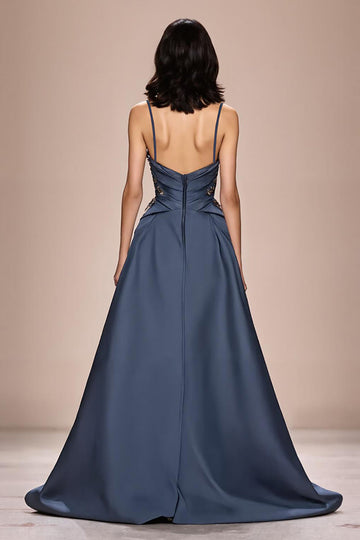 Robe de soirée longue à bretelles spaghetti en satin trapèze gris bleu avec appliques